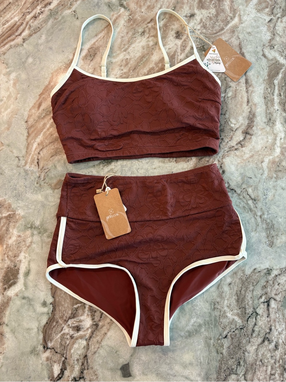 Retro Inspired Boys shorts Bikini Swimsuit Brown Long Line Top Small Berlook NEW